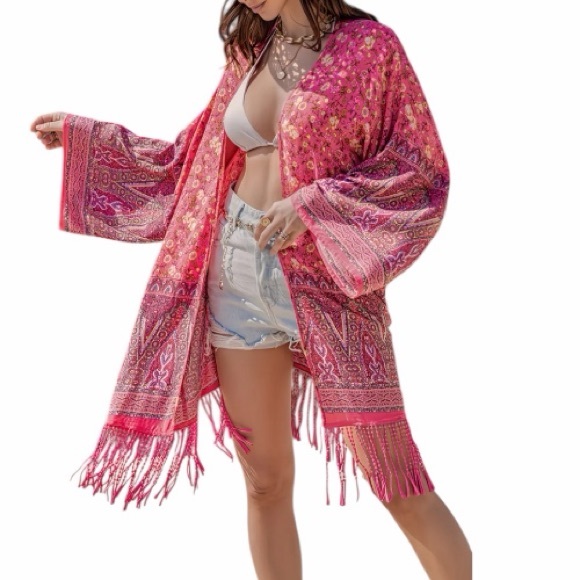 Other - Modern Bohemian Pink Floral Print  Kimono with Fringe